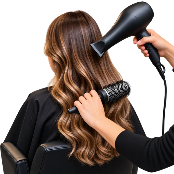 Blow-dry styling for soft balayage waves at a ladies salon in Dubai