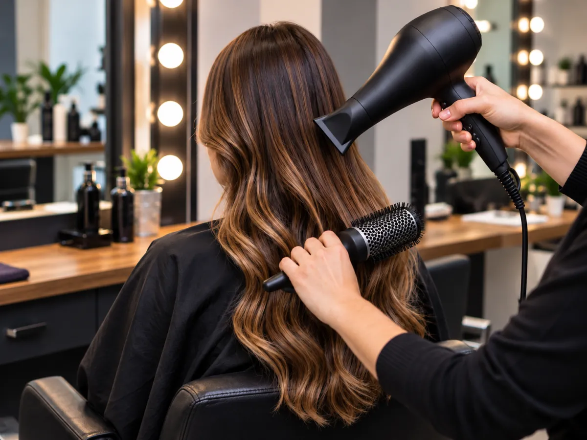 Blow-dry with soft balayage waves at a ladies salon in Dubai