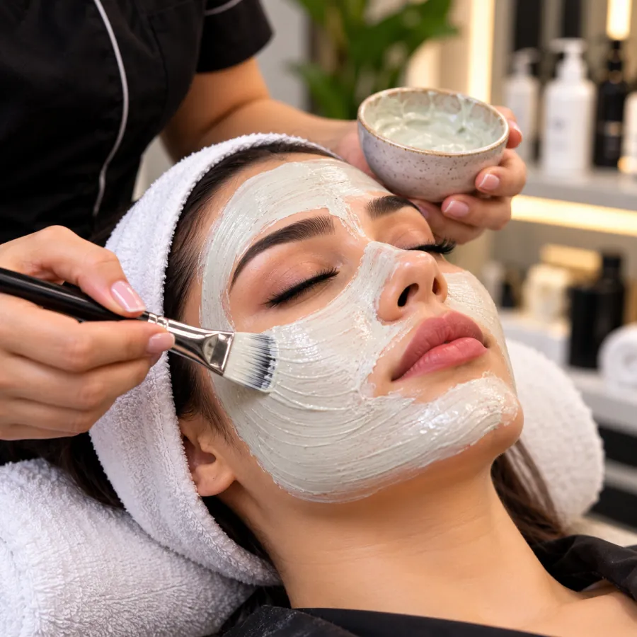 Clay mask facial for glowing skin at a ladies-only salon in Satwa, Dubai
