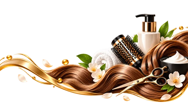 Professional hair care products, round brush and scissors used at Hareem Hurain Ladies Salon